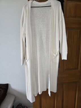 Open-Front Longline Lightwieght Cream Knit Cardigan Sweater Size Med